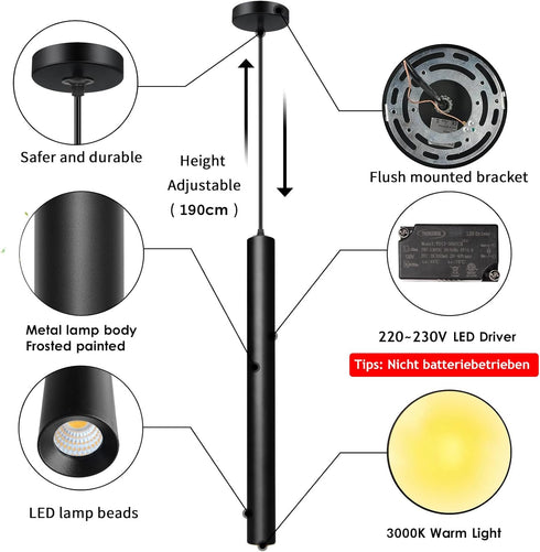 5W 3000K, 1.18 L11.8 Pendant Lights Kitchen Island, Modern Black Pendant Light for Bedroom Bedside Sofa Corner, Island