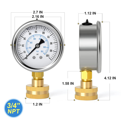 MEANLIN MEASURE 0~100Psi Stainless Steel Frame, 3/4" Female 2.5" FACE DIAL Liquid Filled Pressure Gauge