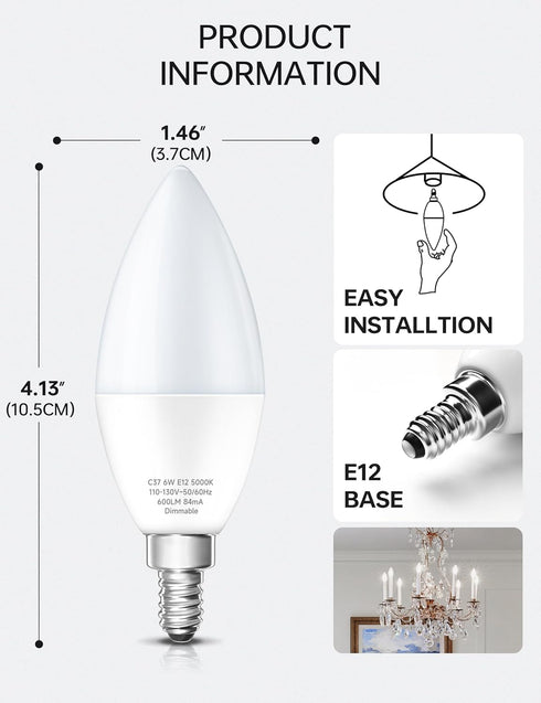 KINDEEP LED Candelabra Light Bulbs, Dimmable 60 Watt Equivalent, Daylight 5000K, E12 Base (6 Pack)
