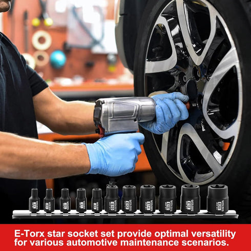 11PCS Female Torx Socket Set with Rail, E-Torx Socket Set for 1/4" and 3/8" Drive, E4 - E20