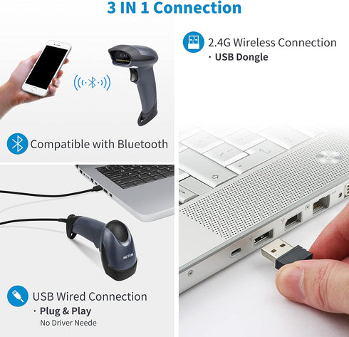 NETUM Bluetooth 1D Barcode Scanner with Stand, 2.4G Wireless & Bluetooth & Wired CCD Scanner for Supermarket, Store,