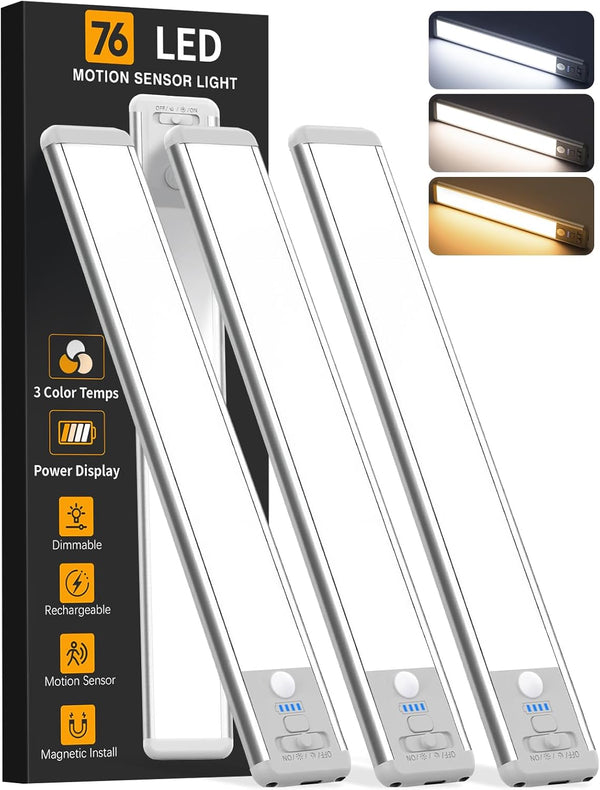 Under Cabinet Lighting Wireless, Rechargeable 10inch Motion Sensor Light Indoor, 3 Color