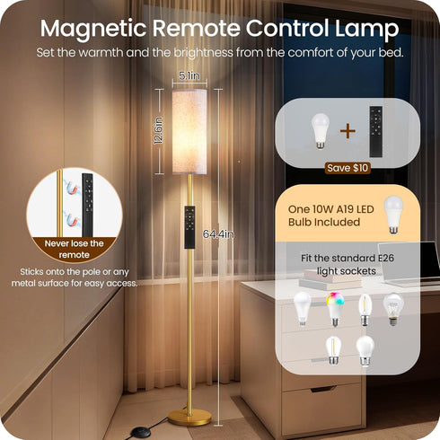 Dimmable 64.4 Bulb 3000K-6500K, DW06LD05W1 Floor Lamps for Living Room with Remote and Foot Switch, Modern Standing