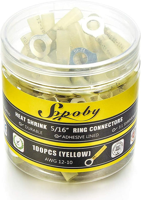 100PCS Heat Shrink Crimp Ring Connectors, 5/16" Yellow, 12-10 AWG, Sopoby Electrical Connectors