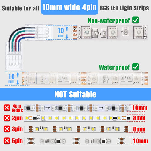 Led Strip Connectors, 4 Pin 10 Pack and L Shape 4-Pin LED Corner Connectors for 10mm Wide Strips