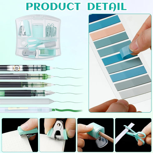 Mini Office Supply Kit, Includes Stapler, Tape Dispenser, Paper Clips, Scissors, Staples, Green for Office and School