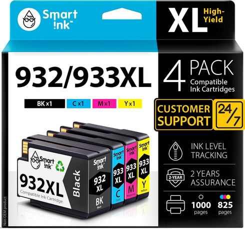 Smart Ink Compatible Ink Cartridge Replacement for HP 932XL 933XL - 4 Combo Pack (XL Black, Cyan, Magenta Yellow)