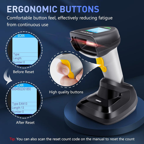 onewscan 1D 2.4G Barcode Scanner Wireless, CCD Barcode Reader with Smart Base Stand Wireless & USB Wired Connection
