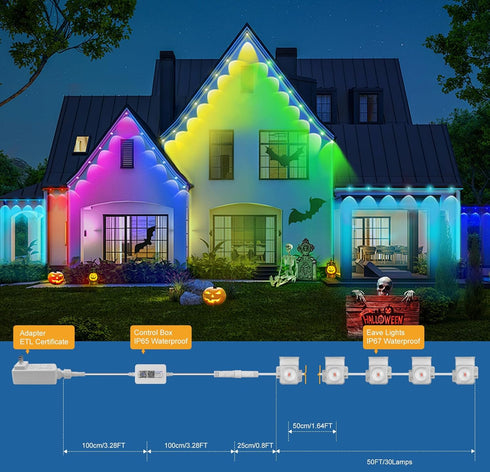 House,50ft 30 LEDs,IP67 Aogled Permanent Outdoor Lights for RGB+IC Smart Eave Lights with Waterproof,Remote/APP