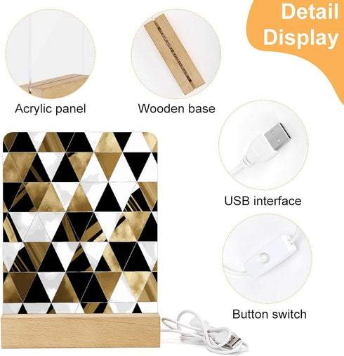 KNASNCHD Fashion Modern Black White Gold Triangles Night Light with Wood Base USB Interface Power Supply,Bedside Table