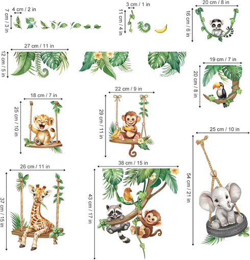 decalmile Jungle Animal on Swings Wall Stickers Safari Animal Elephant Giraffe Monkey Tropical Leaves Wall Decals Baby