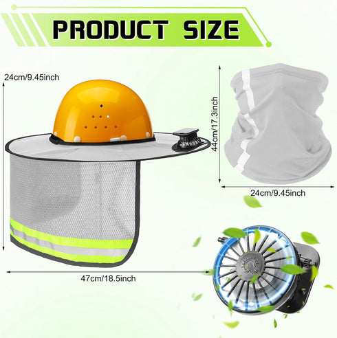 Floraltop 1 Set Solar Fan Sun Shade for Hard Hat Full Brim Neck Sunshade Cover with Cooling Fan High Visibility Mesh