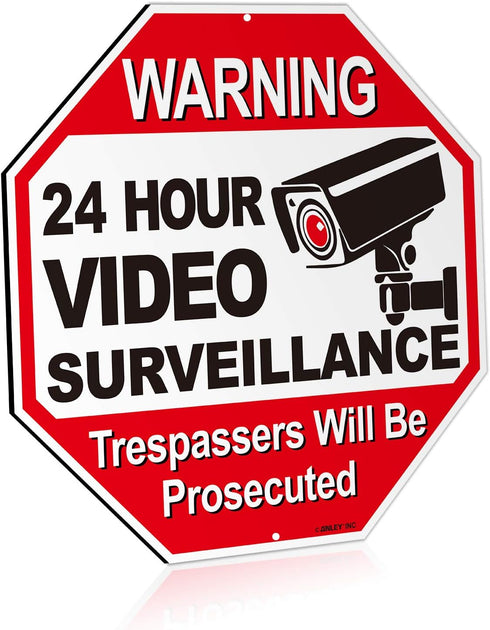 Anley 24 Hour Video Surveillance Sign - Trespassers Will Be Prosecuted Aluminum Warning Sign - UV Protected,