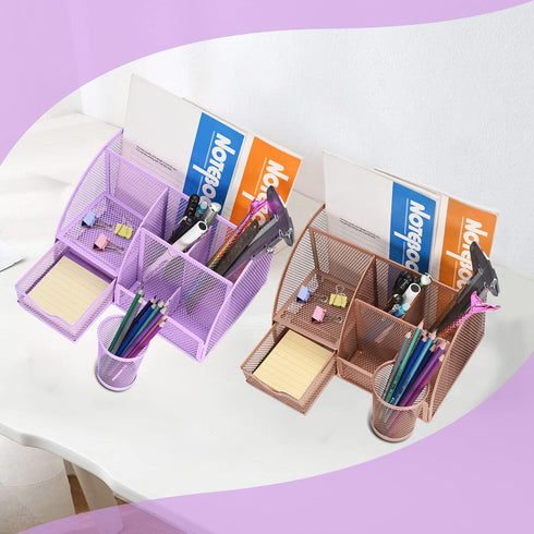 Flexzion Desk Top Caddy Organizer, Purple Office Desk Accessories with 6 Compartments, Drawer