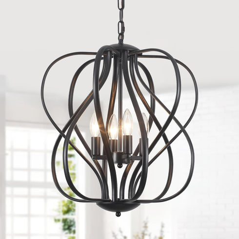 17" Modern Black Sphere Chandelier for Dining Room, Vintage Farmhouse Pendant Light