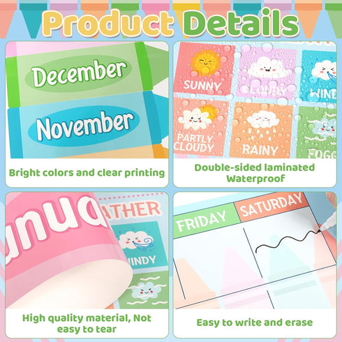 Set Pastel Crayon Calendar Bulletin Board Pastel Crayon Classroom Cutouts Decoration with Seasons Festival Weather Days