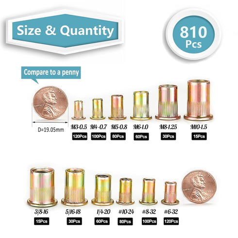 Kadrick 810pcs 6-32 8-32 10-24 1/4"-20 5/16"-18 3/8"-16 M3 M4 M5 M6 M8 M10 Rivet Nut Kit, SAE & Metric Rivet Nut