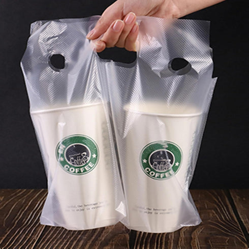 200 Pack Packaging 12" 11" 2 DEAYOU Handle Drinking Poly Bags, Clear Plastic Bags for Delivery, L x H Hanging Hole Cup