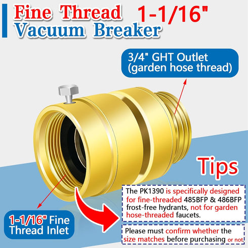Fine Thread Vacuum Breaker, PK1390 1-1/16" Fine Thread Female No Lead Brass Self-Draining Vacuum Breaker, Hose Bib Vacuum Breaker, Providing you with Healthy Portable Water (NOT fit 3/4" GHT Bibcock) by Boltigen