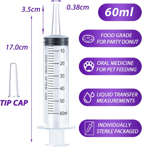 60ml Syringe for Liquid, Oral, Scientific Labs, Measurement, Dispensing, Catheter Tip with Cap- 3 Pack 60ml Syringes