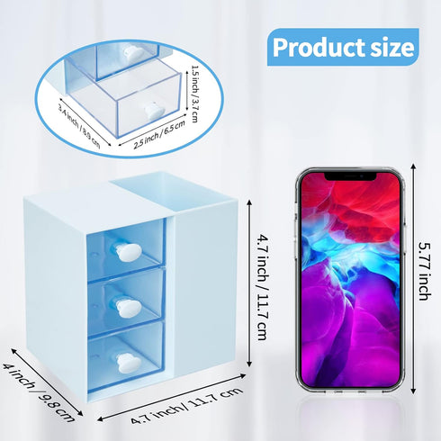 LETURE Small Desk Organizer with Drawer - Office School Storage Box for Card/Pen/Pencil/Stationery, Blue Plastic Makeup