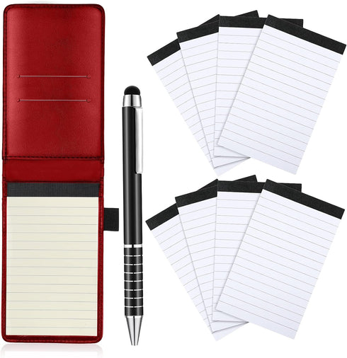 Outus Mini Pocket Notepad Holder Set, 10 Pcs, 50 Lined Sheets, Metal Pen, 8 Pcs 3 x 5 Inch Memo Book Refills, Red