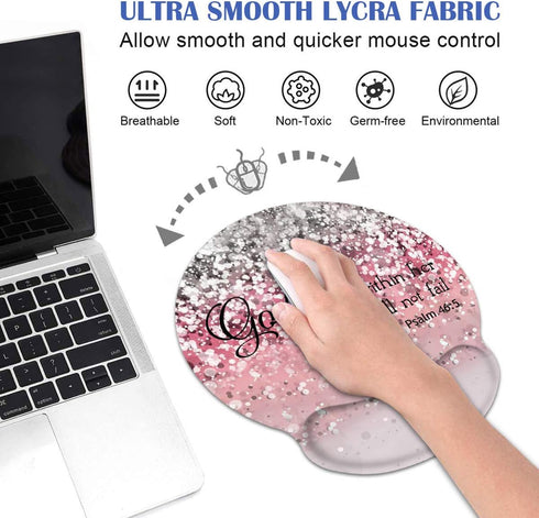 Ergonomic Mouse Pad with Wrist Support and Coasters Set, Cute Non-Slip PU Base, Pink Glitter Quote Bible Verse