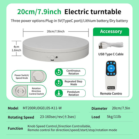 Foxvee Turntable,360 3D Scan(7.87inch/White) Remote-Controlled Motorized Silent Spinning Display Stand,Speed-Adjustable