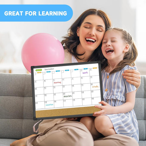 JILoffice Magnetic Calendar Whiteboard & Bulletin Corkboard Combo, 17 x 13 Inch, Black Aluminum Frame