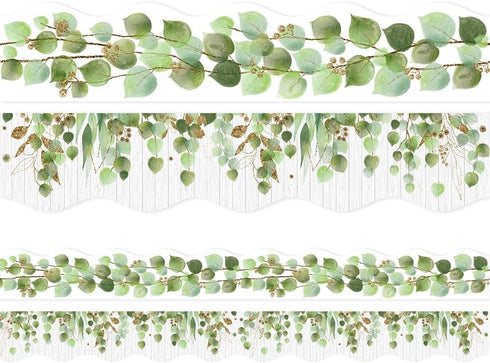 Fancy Land Eucalyptus Die-Cut Border Trim - 36ft Roll, Two-Sided Printed Leaves for Classroom Decor