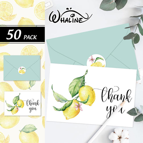 50 Pack Summer 4 6 Inch Whaline Lemon Thank You Cards Bulk Boxed Fruit Greeting Cards with Envelopes Stickers Blank