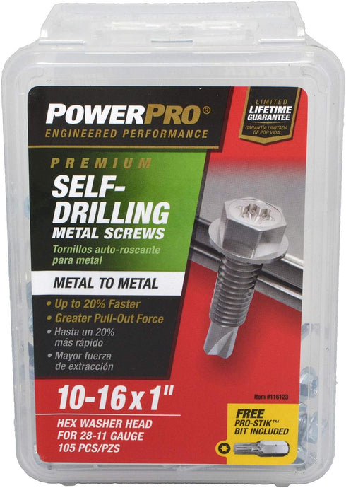 Power Pro Premium Self-Drilling Metal Screws, Zinc Plated Steel, Box of 105 Screws, #10 x 1 inch