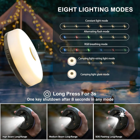 Sutaig 4 1 8 Modes(32.8Ft), 30s Camping String Lights, in Outdoor Camping Lantern with Lighting Quick Recovery