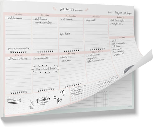 Peachly Desktop Weekly Planner Notepad, 60 Undated Tear-Off Pages for Daily To-Do Lists, Peach and Mint Fern