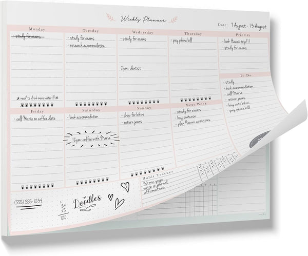 Peachly Desktop Weekly Planner Notepad, 60 Undated Tear-Off Pages for Daily To-Do Lists, Peach and Mint Fern
