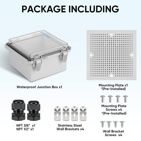 TICONN Waterproof Electrical Junction Box IP67 - ABS Plastic Enclosure with Hinged Cover and Mounting Plate