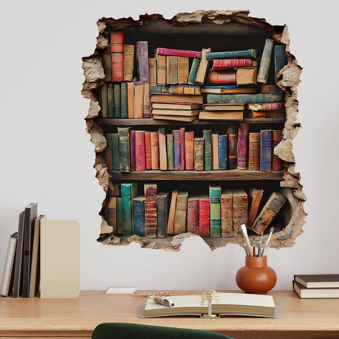 flaxarne 3D Bookshelf Wall Stickers Faux Hole Book Design Decorative PVC Wall Art