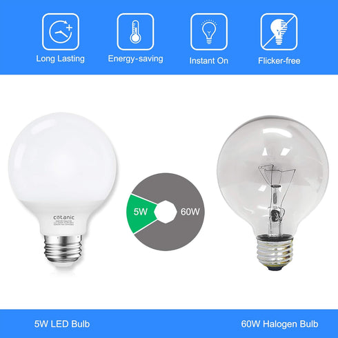 Cotanic G25 LED Globe Light Bulbs, 5W Vanity Light Bulb (60W Equivalent), Daylight 4000K, E26 Medium Base, Pack of 4