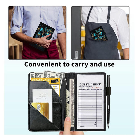 RAUEDWDJS Server Book for Waitress with Everlasting Pencil, Money Pocket Leather Wallet Booklet, Guest Check Receipt