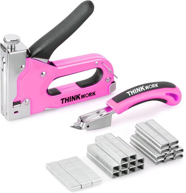 THINKOWRK 3 in 1 Light Pink Staple Gun - Home Use Upholstery with 900 Staples, Nail Gun for Wood, Fabric, DIY Repair