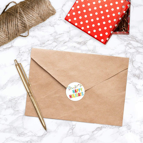 String of Lights Happy Holidays Stickers / 500 Festive Christmas Lights Labels / Small Business Holiday Labels