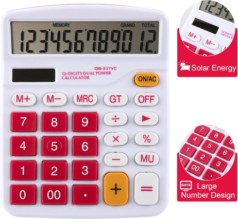Meichoon Desktop Calculator 12 Digit Large LCD Display, Solar Battery Dual Power, Red, for Office/Home/School KA08