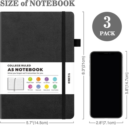 Lined Journal Notebook, 3 Pack A5 College Ruled, Hardcover, 160 Pages, Black, Brown, Grey