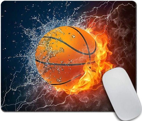 Customized Rectangle Gaming Mouse Pad, Flaming Basketball Fire and Water Design, Non-Slip Rubber, 9.5 X 7.9 Inch