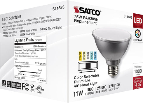 Satco S11583; 11 PAR30SN 120 40 11PAR30SN/LED/5CCT/FL/120V Commercial (2 Bulbs) Watt LED; Medium Base; Silver Finish;