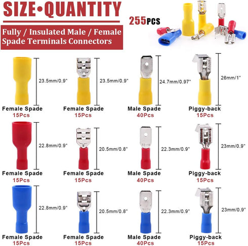 Hilitchi 255Pcs Fully Insulated Female/Male Spade Quick Wire Crimp Terminals Connectors Kit, 22-16/16-14/12-10AWG