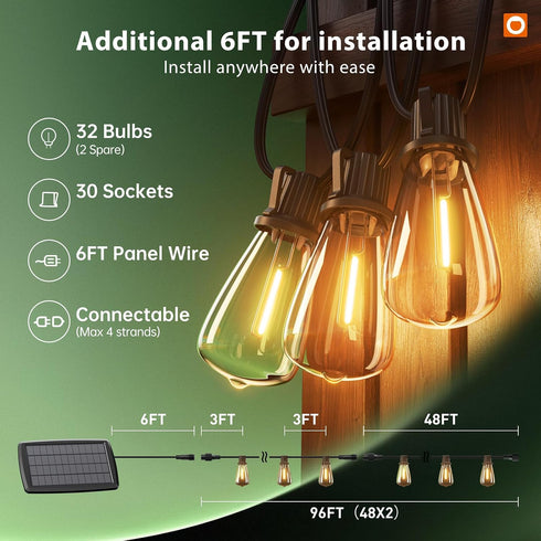 102FT(96+6) 30 Bulbs, 30H+ Dimmable addlon Solar String Lights Outdoor with Remote, Waterproof Patio Lights