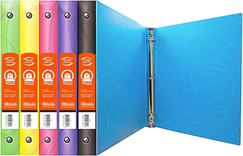 BAZIC 3 Ring Binder 1" Poly Organizer, Swirl Color Soft Cover, Round Ring, Holds 175 Sheets, 6-Count