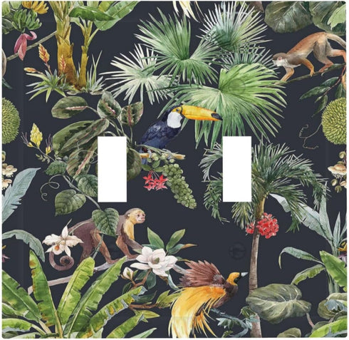 Decorative Palm Trees Double Toggle Light Switch Cover - Floral Tropical Jungle Animals 2 Gang Wall Plate for Home Decor