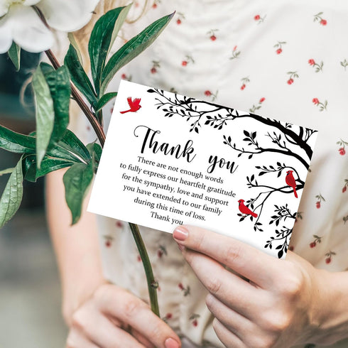 50Pcs FYSUIMU Funeral Thank You Card Cardinal Bird Branch Sympathy Boxed Thank You Card with Sticker Envelope